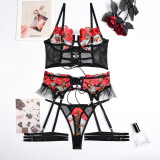 Women's sexy lingerie embroidery flowers Lace-Up cross hollow mesh four-piece set