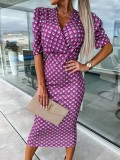 Summer Puff Sleeve V-Neck Short Sleeve High Waist Bodycon Print Slim Midi Dress