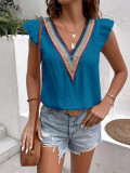 Summer v-neck lace Patchwork Ruffle Sleeve simple solid color shirt