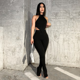 Women's Summer Solid Halter Neck Top + Pant Casual Set