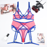 Women's Sexy Lingerie Three-Piece Contrasting Color Patchwork Elastic Mesh Comfortable Tight Fitting Sexy Lingerie