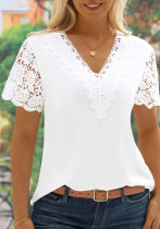 Summer ladies solid color v-neck lace lace Patchwork short-sleeved top t-shirt
