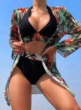 Sexy Blouse Mesh Bikini Three-Piece Bikini Push Up Printed Swimsuit