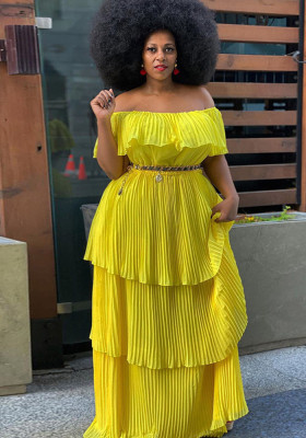 Dress Yellow Chiffon Off Shoulder Low Back Slim Beach Holidays Pleated Maxi Dress