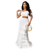 Spring And Summer Women's Solid Color Off Shoulder Two-Piece Fishtail Mid-Waist Lace Long Skirt Set