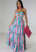 Women strapless striped print fashion Top and long skirt two-piece set