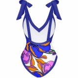 Sexy Print Deep V-Neck Backless One-Piece Swimsuit Long Cover Up Skirt Two Piece Swimwear