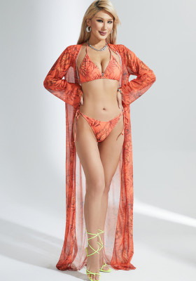Fashion Ladies Three-Piece Swimwear Digital Printing Beach Sun Protection Cover Up Two Piece Bikini Swimsuit