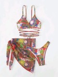 Fashion Print Two Pieces Lace Up Bikini Swimsuit Cover Up Skirt Three-Piece Women's Swimwear