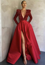 Feminine Long-Sleeved Sequin V-Neck Swing Sequin Slit Long Evening Dress