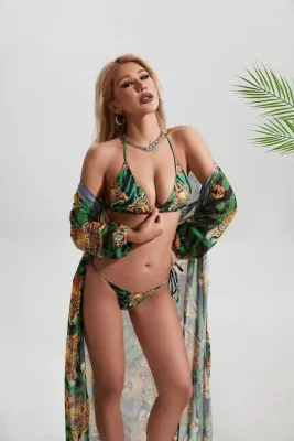 Three-Piece Swimwear Print Mesh Beach Weatherproof Cover-Up Holidays Swimsuit