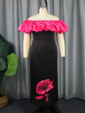 Color Block Off Shoulder Elegant Fashion High Waist Slim Fit Floral Maxi Dress