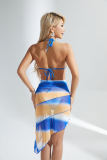 Women's Stripe Print Halter Neck Two-Piece Bikini Beach Skirt Fashion Three Piece Swimsuit