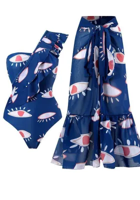 French Vintage Print Slim Fit One-Piece Swimsuit Women's Spa Holidays Beach Cover Up Skirt Two Piece Swimwear