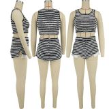 Ladies Stripe Sexy Fashion Casual Crop Tank Top Shorts Two Piece Set
