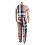 Spring Summer Casual Women's Plaid Print Short Sleeve Two Piece Pants Set