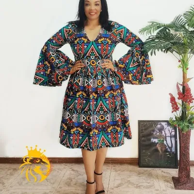 Career Women's Print Bell Bottom Sleeve V-Neck A-Line Dress