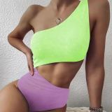 Women's Swimwear Color Onctrast One-Shoulder One-Piece Swimsuit