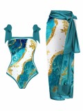 Printed Chiffon Sun Protection Long Skirt One Piece Swimsuit Two Piece Swimwear