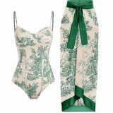 Women Tight Fitting Slim Fit Retro One-Piece Swimsuit Sun Protection Long Skirt Two-Piece Spa Swimsuit