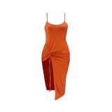 Summer New Women's Dress Sexy Low Back Ruffle Slit Slim Solid Color Strap Dress