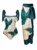 Printed Chiffon Sun Protection Long Skirt One Piece Swimsuit Two Piece Swimwear