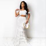 Spring And Summer Women's Solid Color Off Shoulder Two-Piece Fishtail Mid-Waist Lace Long Skirt Set