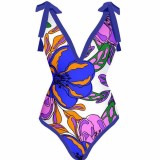 Sexy Print Deep V-Neck Backless One-Piece Swimsuit Long Cover Up Skirt Two Piece Swimwear