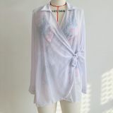 Beach Sunscreen Deep V-Neck Solid Color Mesh Holidays Long-Sleeved Blouse