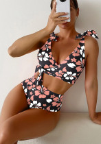 Digital Printing Cross Tie High Waist Two Pieces Swimsuit Women's Bikini
