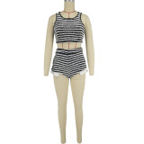 Ladies Stripe Sexy Fashion Casual Crop Tank Top Shorts Two Piece Set