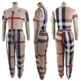Spring Summer Casual Women's Plaid Print Short Sleeve Two Piece Pants Set