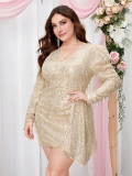 Plus Size Women Long Sleeve V Neck Tassel Sequin Sexy Prom Party Dress