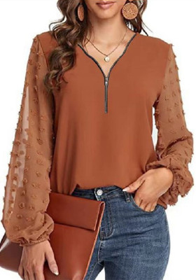 Women Summer V-Neck Long Sleeve Patchwork Top