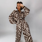 Women Chic Black and White Stripe Turndown Collar Print Long Sleeve Shirt and Baggy Pants Two-Piece Set