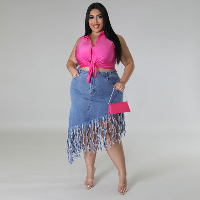 Plus Size Women Fringe Denim Skirt