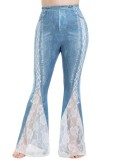 Plus Size Women Lace Patchwork Print Bell Bottom Trousers
