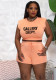 Plus Size Ladies Solid Letter Printed Shoulder Pads Top and Shorts Two Piece Set