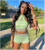 Ladies Casual Fashion Printed Sleeveless Crop Top And Short Two Piece Set
