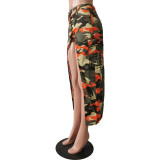 Women Camouflage Water Pocket Slit Tassel Lace-Up Skirt