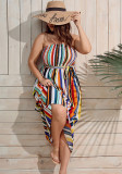 Plus Size Women Strapless Stripe Casual Beach Dress