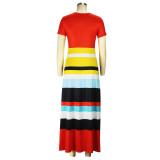 Women Short Sleeve Striped Printed Long Dress