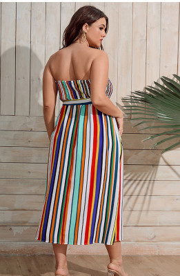 Plus Size Women Strapless Stripe Casual Beach Dress