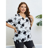 Summer White Black Printed V-Neck Plus Size Women's Loose Top