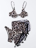 Leopard Print Two Pieces Triangle Bikini Women's Sexy Cover Up Beach Bikini Three-Piece Swimsuit
