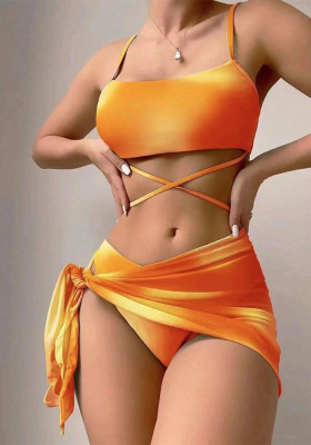 Straps Low Back Tie Dye Two Pieces Bikini Mesh Cover Up Female Three-Piece Swimwear
