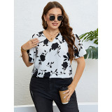 Summer White Black Printed V-Neck Plus Size Women's Loose Top