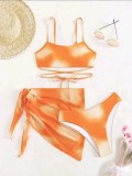 Straps Low Back Tie Dye Two Pieces Bikini Mesh Cover Up Female Three-Piece Swimwear