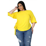 Summer Solid Color Round Neck Ladies T-Shirt Plus Size Irregular Long Sleeve Top