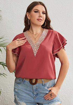 Summer Plus Size Women Lace V Neck Loose Top